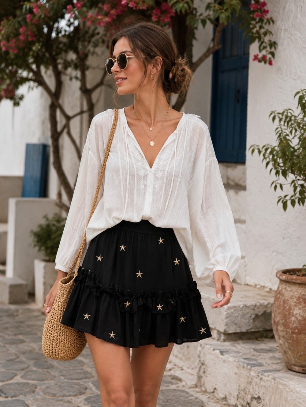 STORIA New Black Star Embroidered Ruffle Mini Skirt Elastic Waist Boho Women M
